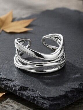 Sculptural Crossover Wave Ring Layered Multi Band 925 Sterling Silver Adj 6-9